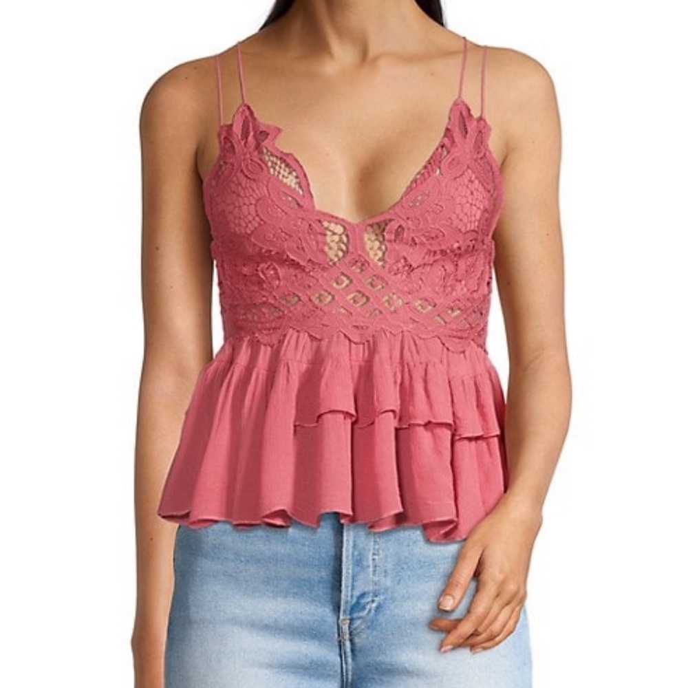 Free People Adella Lace Peplum Cami Color Sweet Red